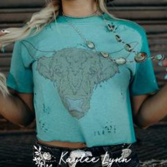 TEAL CROP TOP HIGHLAND COW Graphic Tee - Picture 7 of 7